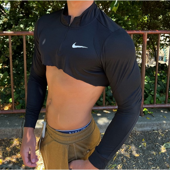 NIKE HALF POLO SHIRT CROPPED CUT OFF BOTTOM T CROP MEN DRI FIT LONG SLEEVE ZIP L - Picture 13 of 17